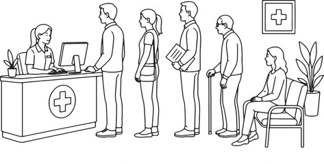 Obraz premium Hospital queue vector illustration for clinic reception poster with patients waiting black outline editable