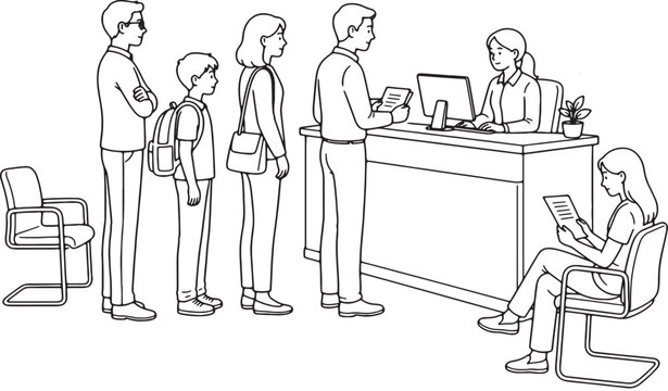 Clinic queue vector illustration for healthcare reception poster with family waiting black outline editable