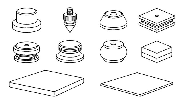 Technical Line Art Illustration of Industrial Rubber Mounts and Vibration Dampers Set.