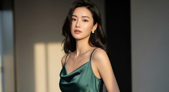A beautiful Asian woman with long wavy dark hair wearing a green satin dress posing in a minimalist room with warm sunlight