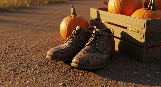 Pair of worn out muddy brown leather boots resting on a dusty farm dirt ground beside a rustic wooden crate filled with bright orange harvest pumpkins during a sunny afternoon