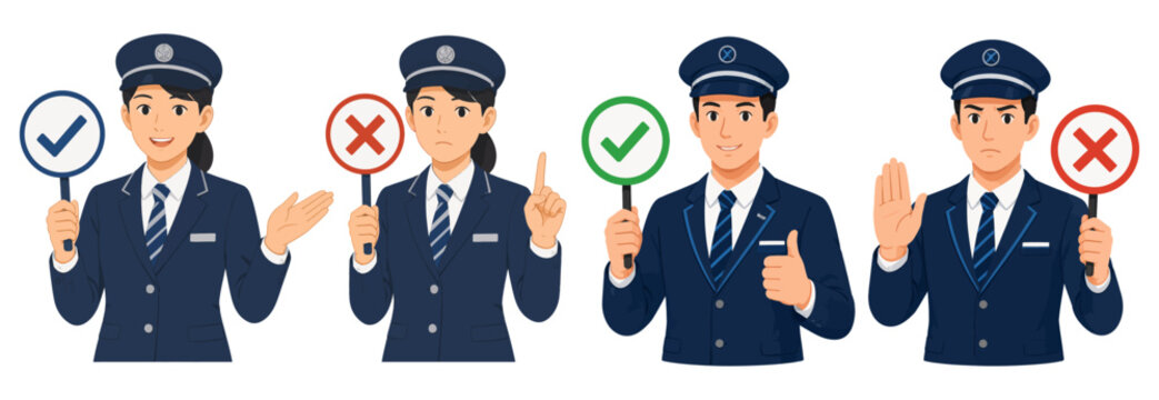 Train conductors with check and cross signs