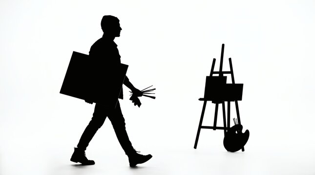 Silhouette of an artist carrying a canvas and brushes walking towards an easel and palette, representing creativity and artistic pursuit.