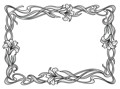 Art Nouveau Floral Frame with Lilies, Vintage Ornamental Border, Black and White Line Art Vector
