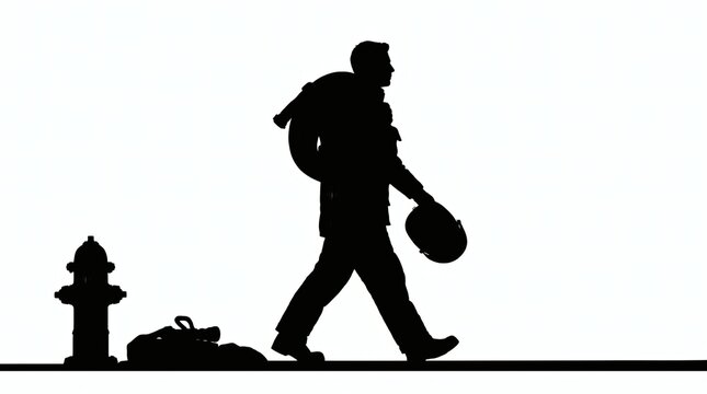 Silhouette of a man walking on a sidewalk with a backpack and holding an item, passing a fire hydrant and discarded belongings.