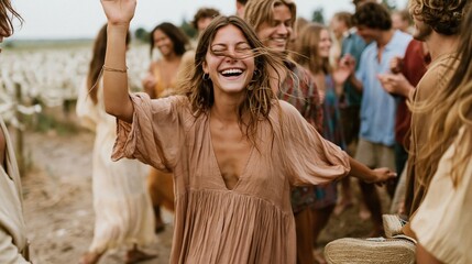 Fototapeta premium Young woman in a tea rose chiffon dress dancing at a vineyard, celebrating with friends in a luminous, hazy countryside setting for travel lifestyle content