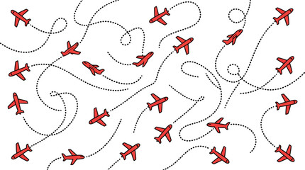 Air travel paths and planes on minimalist world map background. © Miskatul