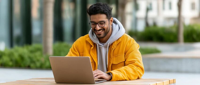 Indian man working on laptop outdoors, Ideal for concepts related to remote work, online learning