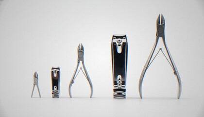 A set of various stainless steel nail clippers and cuticle nippers arranged in a line on a clean...