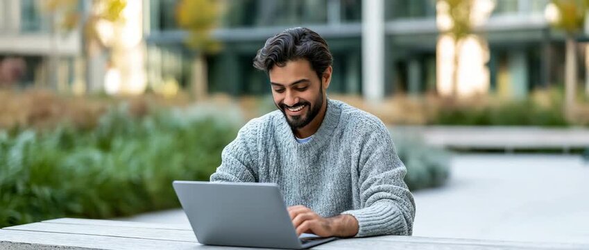 Indian man working on laptop outdoors, Ideal for concepts related to remote work, online learning