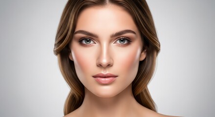Fototapeta premium Symmetric beauty portrait of a young woman with brown wavy hair and clean skin looking forward on a grey studio background