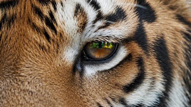 Extreme close up of tiger eye reflecting forest trees