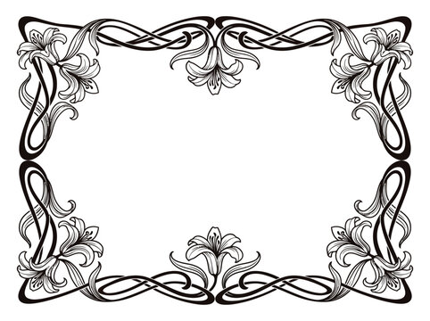 Elegant Art Nouveau Floral Border Frame with Lily Flowers and Ornate Swirls in Black and White