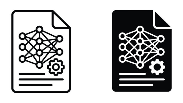 Neural network structure inside document file icon representing artificial intelligence research paper and deep learning architecture in professional flat vector graphic design for tech publications
