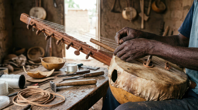 Artisan crafting a traditional stringed instrument with skilled hands 1.