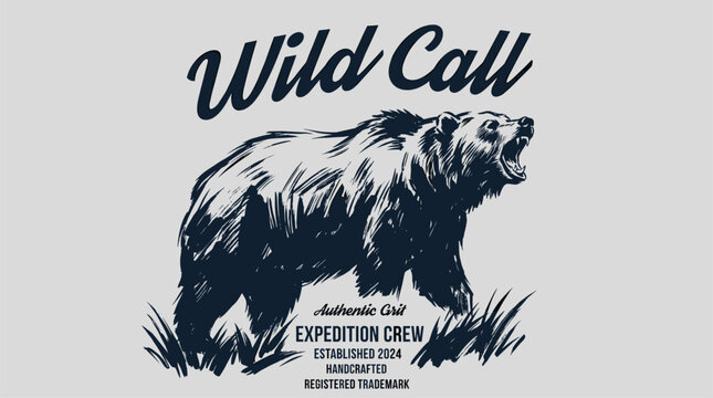 Mountain with bear vintage artwork. Wild call expedition t shirt design. Keep nature wild.