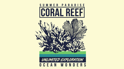 Coral reef summer paradise. Ocean wonders exploration. Vintage marine t shirt artwork. © panji