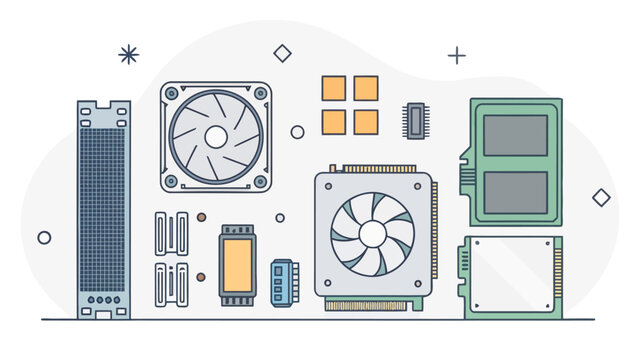 Set of computer hardware and electronic components icons for pc assembly and repair with hardware computer components electronics motherboard processor technology assembly connection graphics