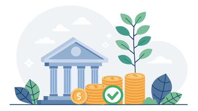 Bank building with stack of gold coins and green plant growing success concept investment business building financial currency accounting corporate interest positive commercial structure