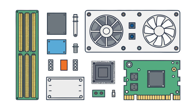 Assortment of computer hardware parts and pc building components illustration with hardware computer components electronics processor motherboard assembly technology technological engineering
