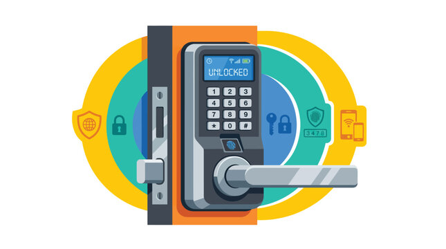 Smart digital door lock with biometric scanner and keypad displaying unlocked status on a modern security interface
