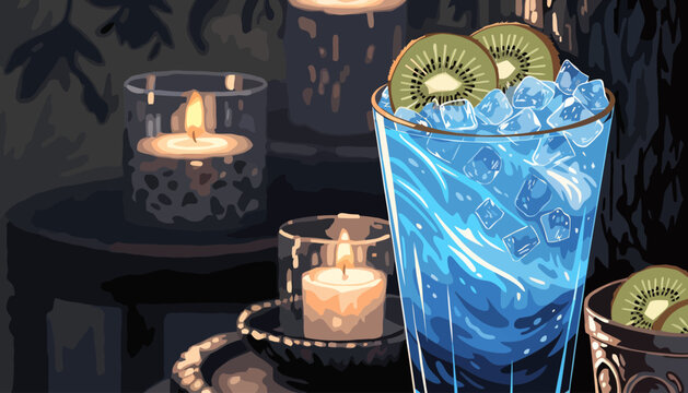 A refreshing cold blue cocktail in a glass with ice and kiwi slices on a dark table with candles cocktail beverage refreshing relaxation atmosphere romantic mixology refreshment restaurant