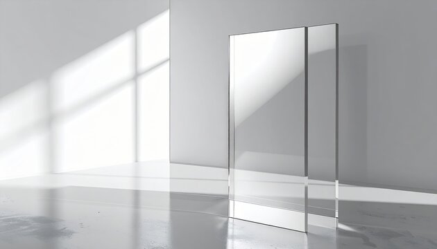 vertical acrylic glass sheet mockup, transparent panel with subtle glare and reflections, minimal tech overlay design