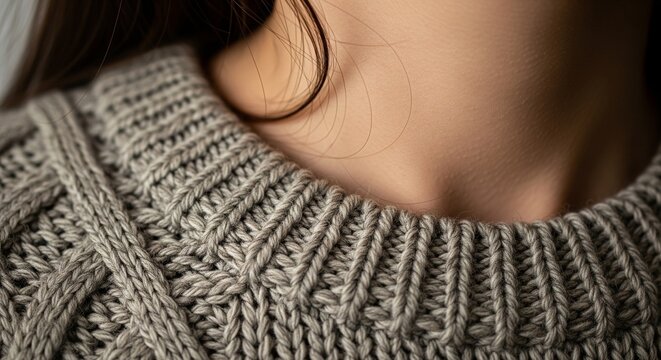A close-up view of a woman's neck and collarbone area, highlighting the thick texture of a grey knitted winter sweater