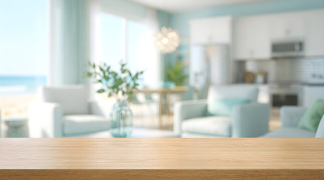 Empty wood table top surface with blurred beach house kitchen living room interior background for product mockup display