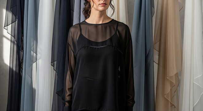 A young woman standing in a fashion studio or atelier, wearing a sheer black top and camisole against a background of hanging colorful fabrics