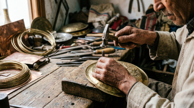 Artisan hammering intricate design onto metal plate at workbench.