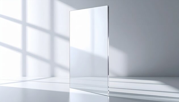 vertical acrylic glass sheet mockup, transparent panel with subtle glare and reflections, minimal tech overlay design