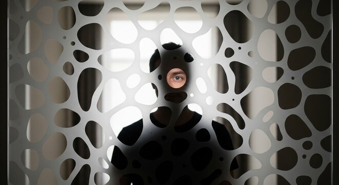 Silhouette of a man in a black mask looking through a frosted glass door or window panel with a modern organic pattern of holes
