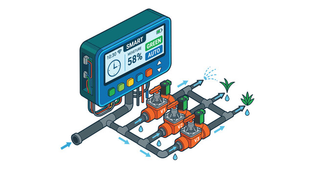 Smart irrigation controller system with automated water valves and digital display for efficient garden watering control