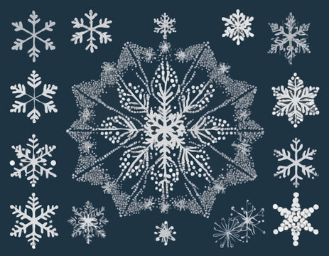 Winter round snow shape made of hand drawn dots beads dot snowflakes Simple circles set