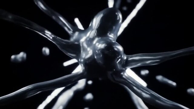 Abstract liquid metal blob exploding with white fluid on black background
