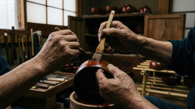 Artisan hands applying lacquer to a wooden bowl in a workshop.