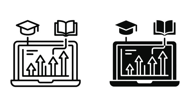 Graduation cap with laptop and upward growth arrows icon set featuring linear and solid vector designs for online education and e-learning success concepts isolated on a light gray background