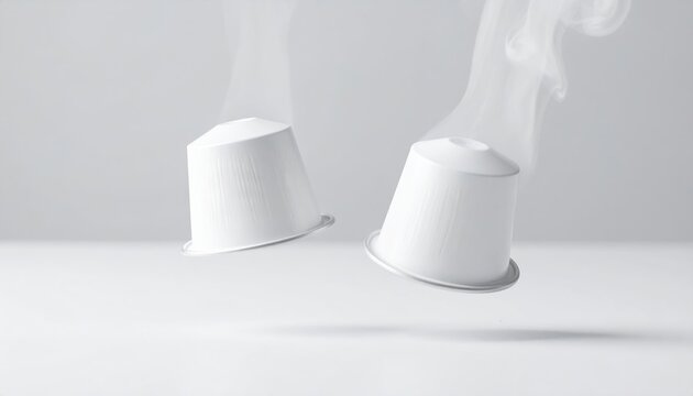 White capsule coffee pod mockup, floating steam effect