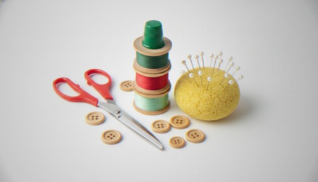 A top-down view of sewing supplies including a stack of thread spools topped with a thimble, scissors, a yellow pincushion with needles, and scattered wooden buttons on a white background.