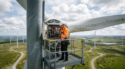 Fototapeta premium Worker Inspecting Wind Turbine Equipment on a Clear Day