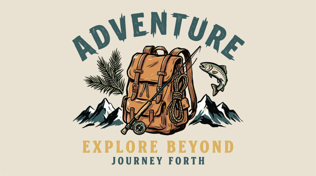Mountain adventure backpack. Fishing rod vintage artwork. Explore outdoor tshirt design.