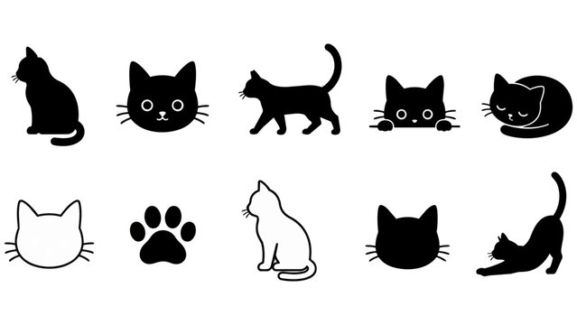 Set of black cat silhouette icons in various poses