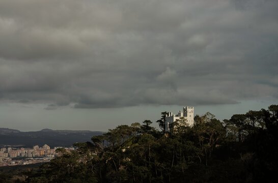 A stunning castle stands boldly on a hill, surrounded by lush trees, watching over a sprawling cityscape