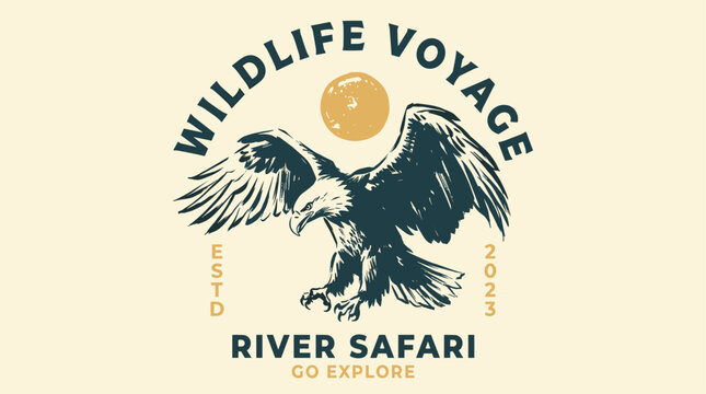 Wildlife voyage eagle design. River safari vintage artwork. Eagle fly vector graphic.