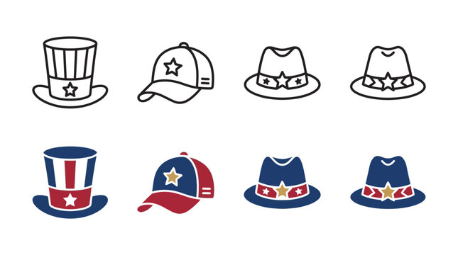 Patriotic style hat icons set including uncle sam top hat baseball cap and classic fedora designs with patriotic