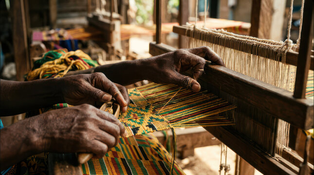 Artisan hands weaving colorful fabric on a traditional wooden loom 1.
