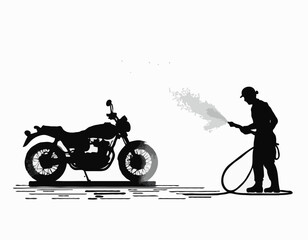 Naklejka premium Silhouette of Man washing a motorcycle with high pressure washer. Spraying water from the hose. Vector black and white illustration of motorcycle wash