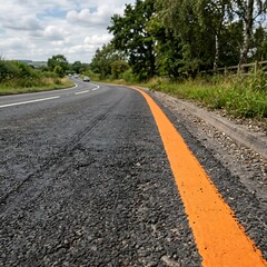 Fototapeta premium Rural asphalt road with yellow center line disappearing into green forest.