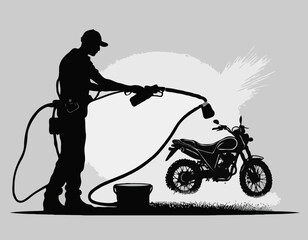 Naklejka premium Silhouette of Man washing a motorcycle with high pressure washer. Spraying water from the hose. Vector black and white illustration of motorcycle wash